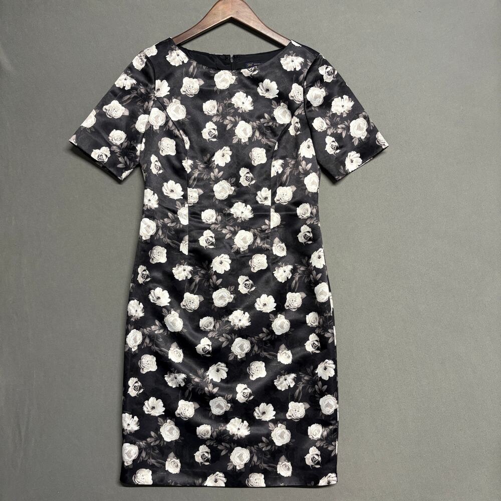 Brooks Brothers 346 Black & White Floral Sheath Dress Cap Sleeve Size 6
